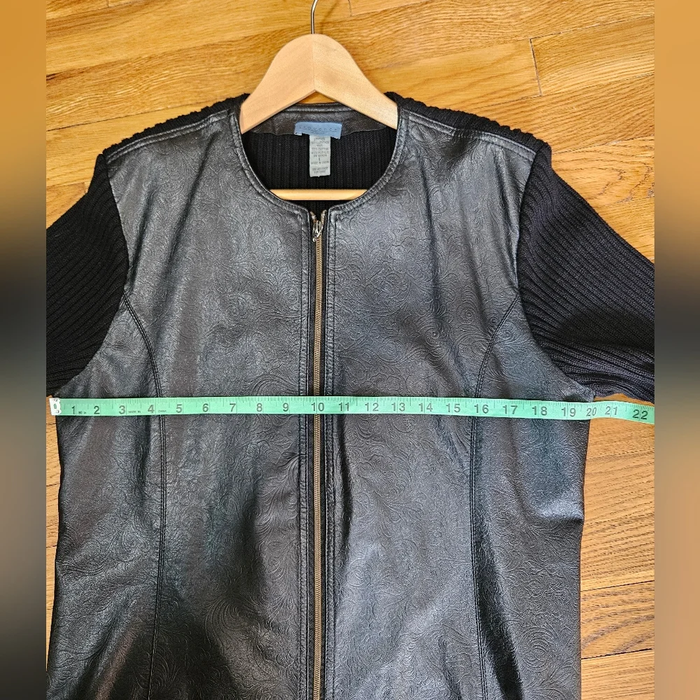 Provence d'Amour Black Leather Knit Jacket L Embossed Floral Zip Front